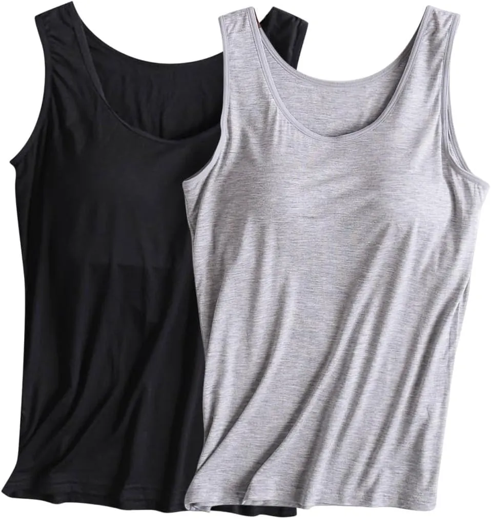 2 Pack Womens Tank Tops with Built in Bra Summer Casual Basic Modal Padded Yoga Shirts Loose Workout Camisoles Tees