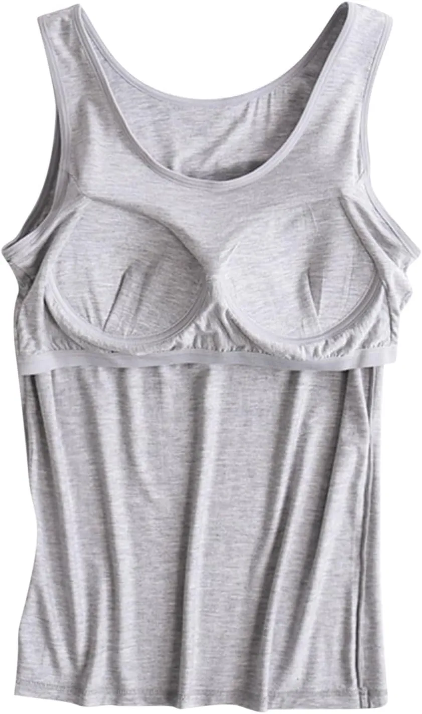2 Pack Womens Tank Tops with Built in Bra Summer Casual Basic Modal Padded Yoga Shirts Loose Workout Camisoles Tees
