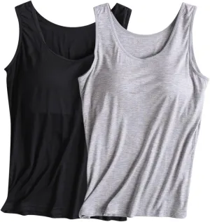 2 Pack Womens Tank Tops with Built in Bra Summer Casual Basic Modal Padded Yoga Shirts Loose Workout Camisoles Tees