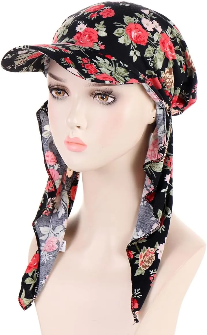 4 Pieces Womens Printing Brim Bandana Cap Sun Visor Pre-Tied Turban Headscarf Head Cover Scarf Wrap Beach Outdoor Hat