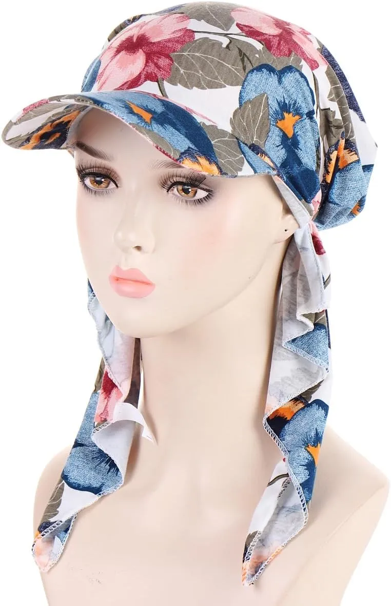 4 Pieces Womens Printing Brim Bandana Cap Sun Visor Pre-Tied Turban Headscarf Head Cover Scarf Wrap Beach Outdoor Hat
