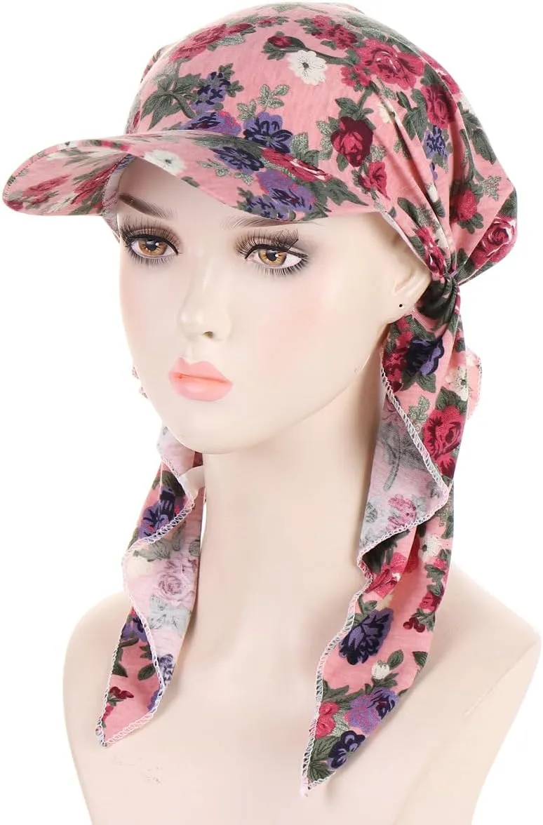 4 Pieces Womens Printing Brim Bandana Cap Sun Visor Pre-Tied Turban Headscarf Head Cover Scarf Wrap Beach Outdoor Hat