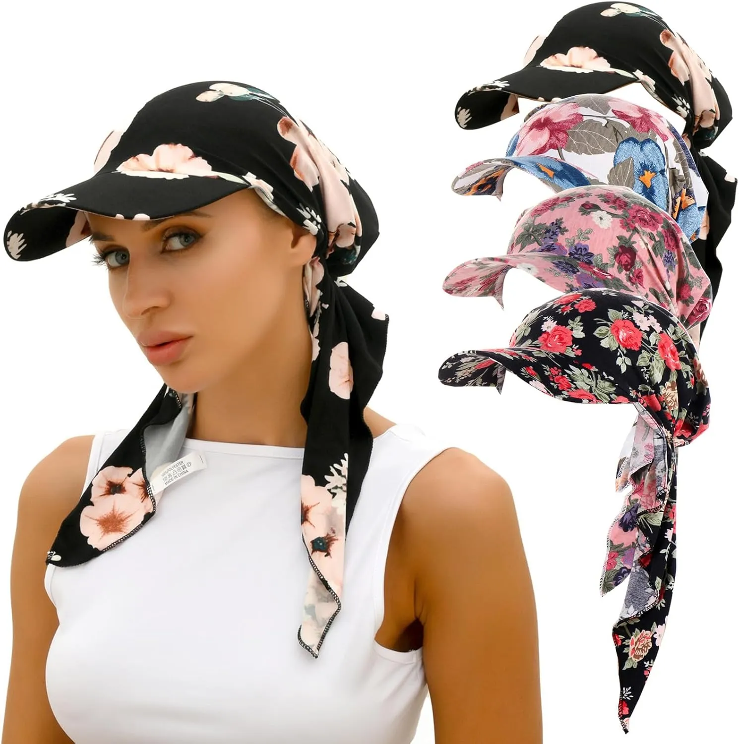 4 Pieces Womens Printing Brim Bandana Cap Sun Visor Pre-Tied Turban Headscarf Head Cover Scarf Wrap Beach Outdoor Hat
