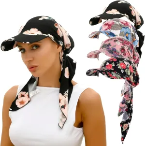 4 Pieces Womens Printing Brim Bandana Cap Sun Visor Pre-Tied Turban Headscarf Head Cover Scarf Wrap Beach Outdoor Hat