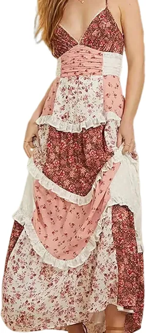 Adernlia Floral Maxi Dress, Adernia Patchwork Floral Maxi Dress Plus Size, V Neck Tiered Ruffle DressWomen