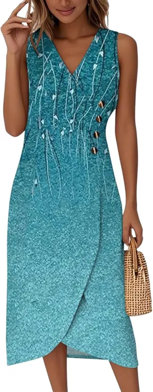 ADHOWBEW Spring Wedding Guest Dress Elegant V Neck Flowy Sexy Boho Trendy Party Sleeveless Beach Casual Button Dresses