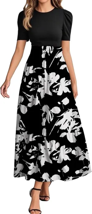 ADHOWBEW Summer Dresses for Women 2025 Short Sleeve Floral Print Round Neck High Waist Dresses