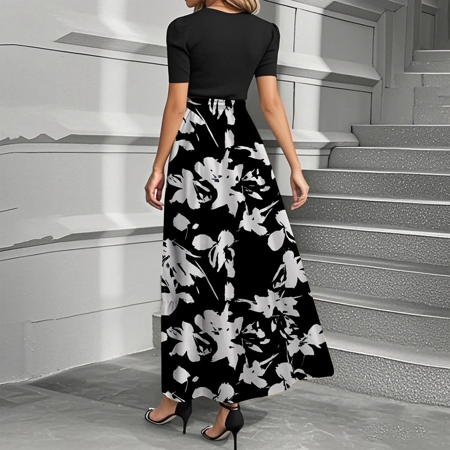ADHOWBEW Summer Dresses for Women 2025 Short Sleeve Floral Print Round Neck High Waist Dresses