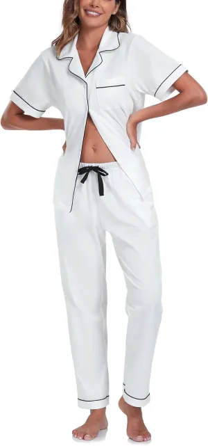 ANLIQI 100% Cotton Pajamas for Women Soft Button Up Short Sleeve Shirt & Long Pants Summer Pjs Set Comfy Loungewear S-2XL