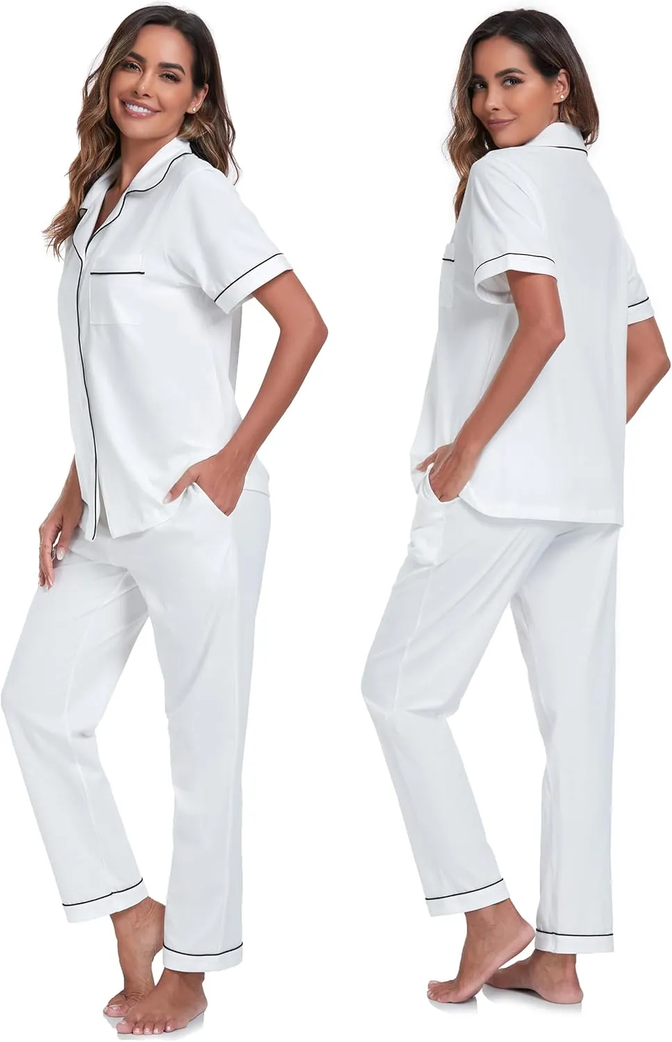 ANLIQI 100% Cotton Pajamas for Women Soft Button Up Short Sleeve Shirt & Long Pants Summer Pjs Set Comfy Loungewear S-2XL