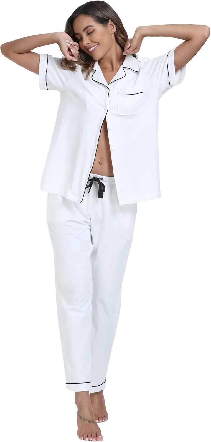 ANLIQI 100% Cotton Pajamas for Women Soft Button Up Short Sleeve Shirt & Long Pants Summer Pjs Set Comfy Loungewear S-2XL