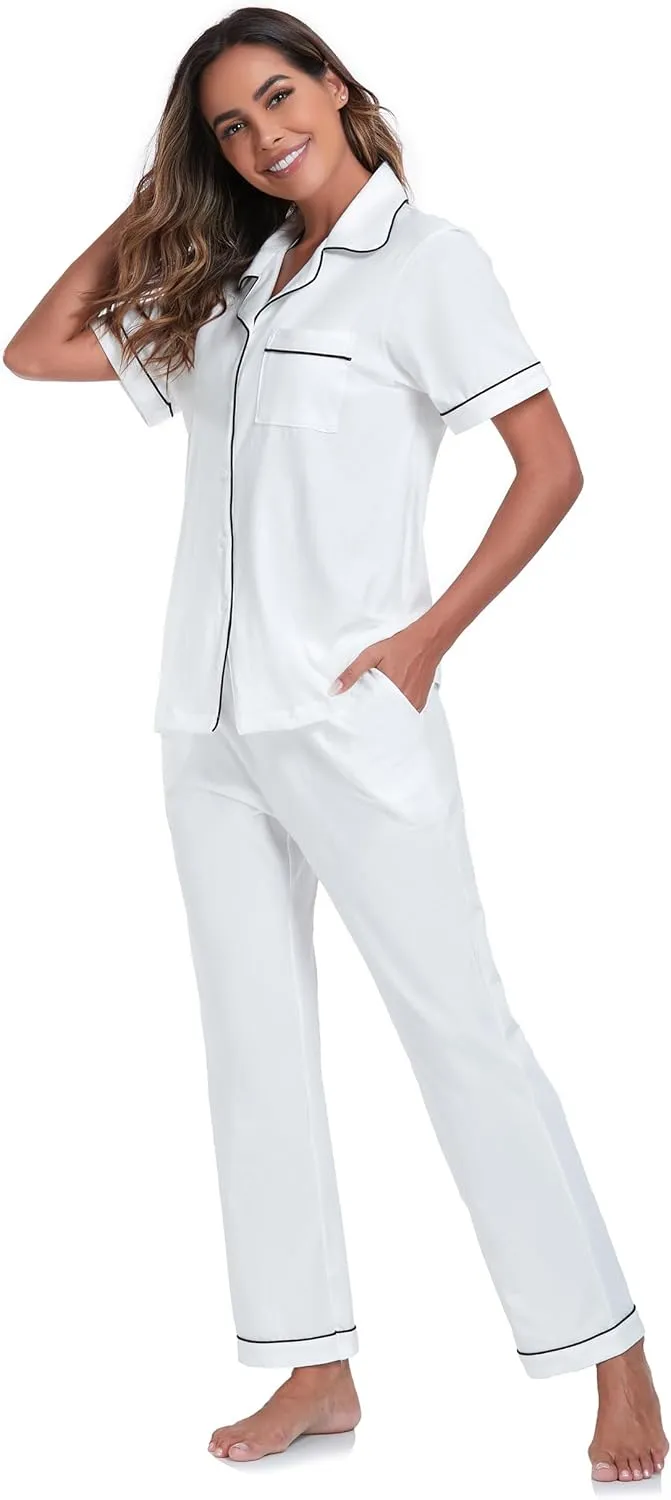 ANLIQI 100% Cotton Pajamas for Women Soft Button Up Short Sleeve Shirt & Long Pants Summer Pjs Set Comfy Loungewear S-2XL