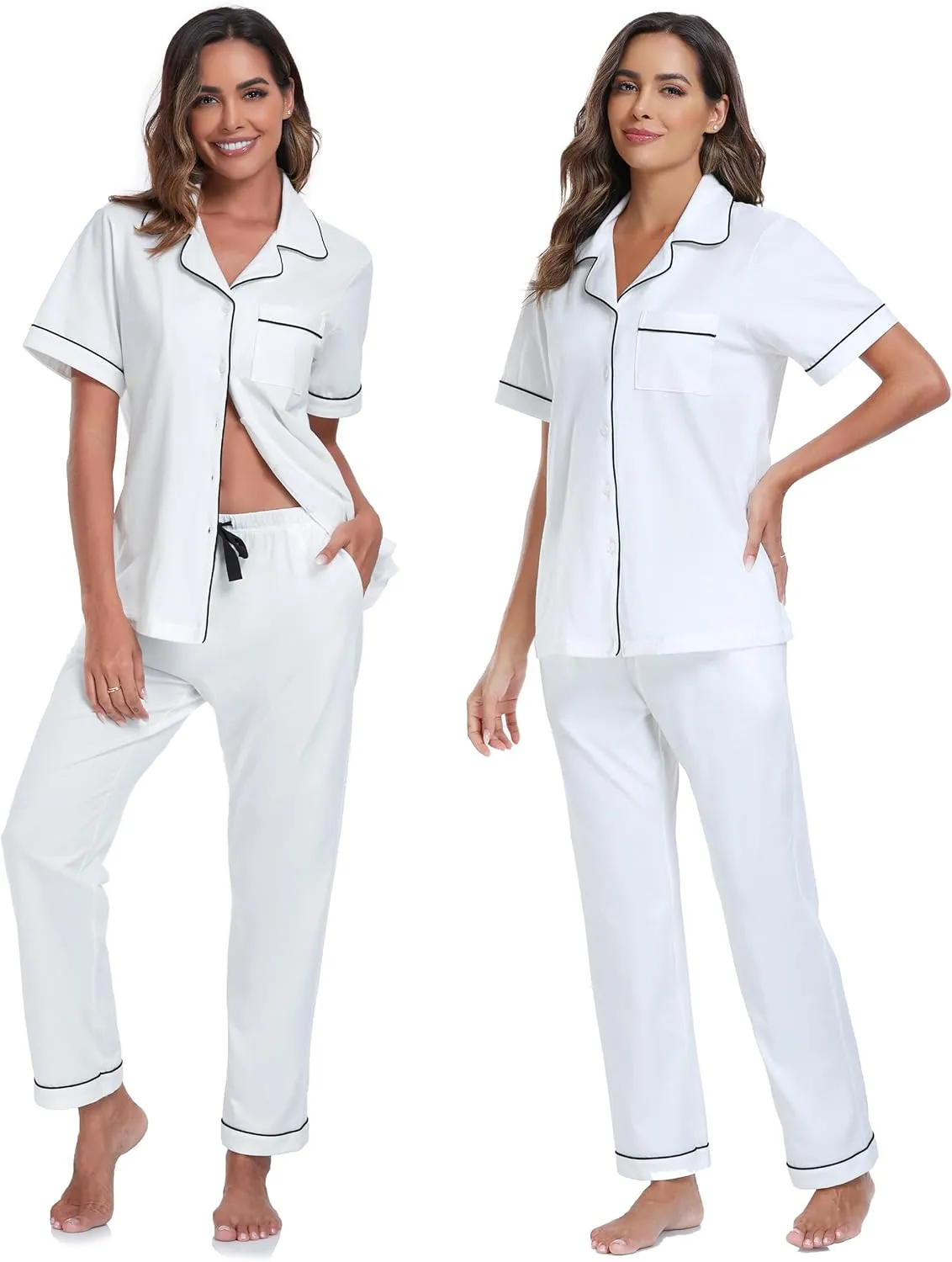 ANLIQI 100% Cotton Pajamas for Women Soft Button Up Short Sleeve Shirt & Long Pants Summer Pjs Set Comfy Loungewear S-2XL