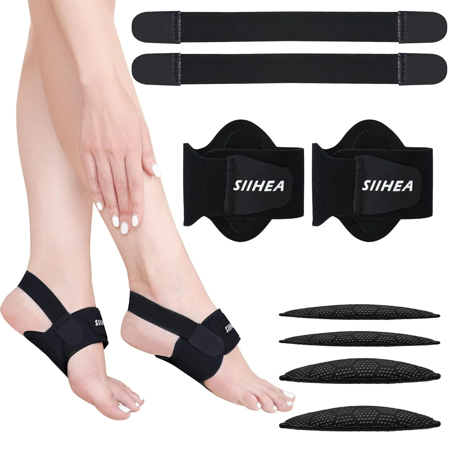 Arch Support Braces Sleeves for Pressure, Plantar Fasciitis Relief, Adjustable Compression Bands for Flat Feet High & Fallen Arch, Non-Slip Foot Wraps with Gel Pad (Cool Black, Adjustable)