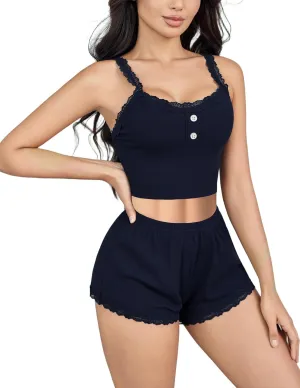 Avidlove Cami Pajamas Sets for Women Lace Trim Lingerie Sleepwear Set Ribbed Cami Shorts Pjs Button Loungewear Sets