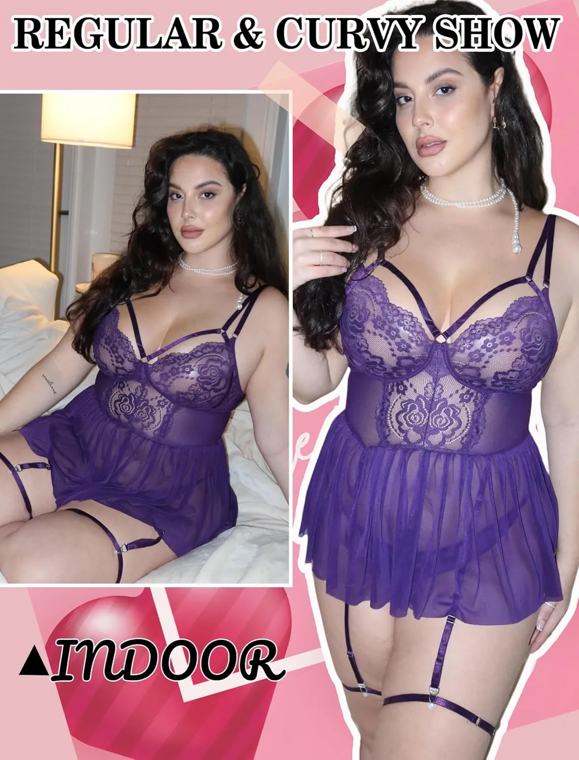 Avidlove Plus Size Lingerie for Women Sexy Lace Babydoll Mesh Chemise Boudoir Nighty with Garter Belt