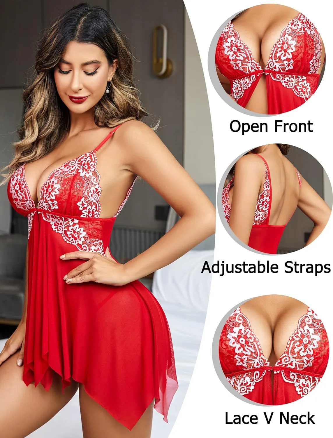 Avidlove Women Lace Lingerie Front Closure Babydoll V Neck Nightwear Sexy Chemise Nightie