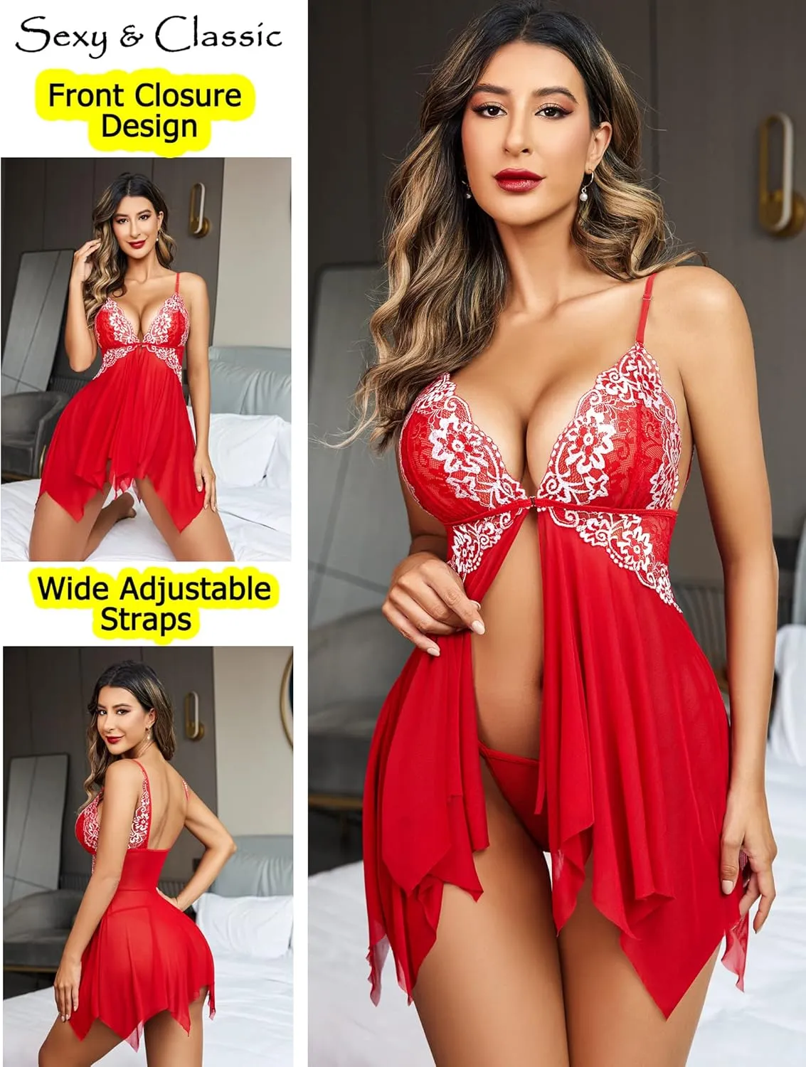Avidlove Women Lace Lingerie Front Closure Babydoll V Neck Nightwear Sexy Chemise Nightie