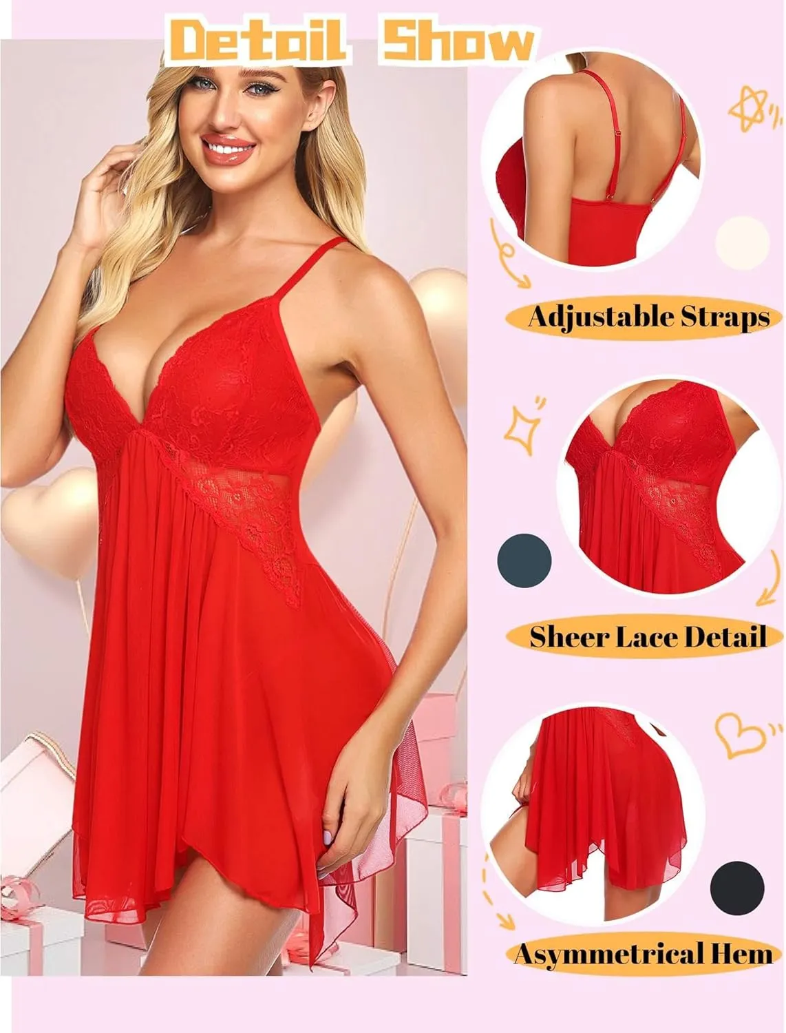 Avidlove Women Lingerie Lace Babydoll V Neck Sexy Sleepwear Strap Chemise