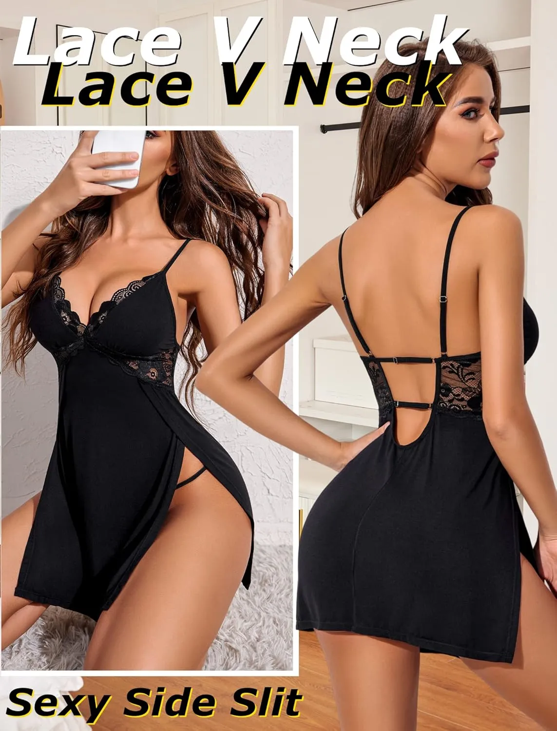 Avidlove Women Lingerie Lace Chemise Sexy Nightgown Modal Babydoll Side Slit Sleepwear