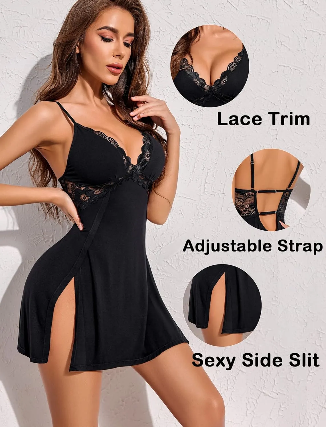 Avidlove Women Lingerie Lace Chemise Sexy Nightgown Modal Babydoll Side Slit Sleepwear