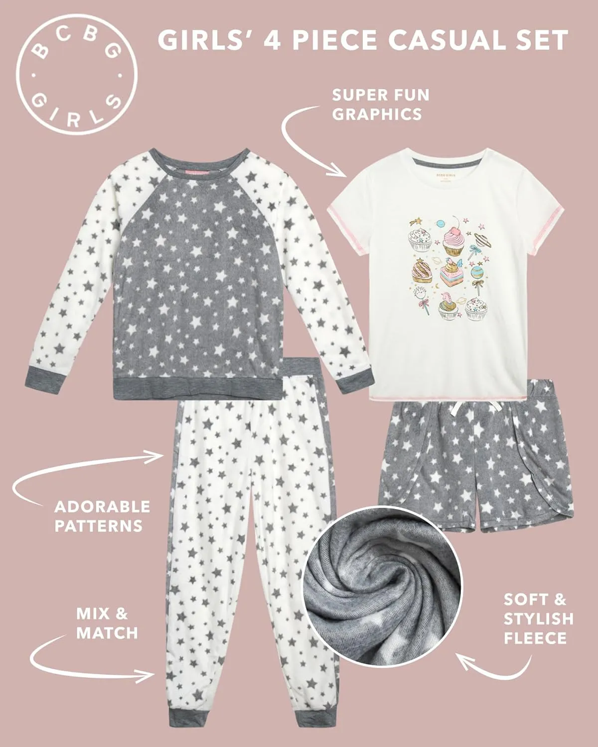 BCBG Girls’ Pajama Set – 4 Piece Fleece Sleep Shirt, T-Shirt, Pajama Pants, and Lounge Shorts – Sleepwear for Girls (XS-L)