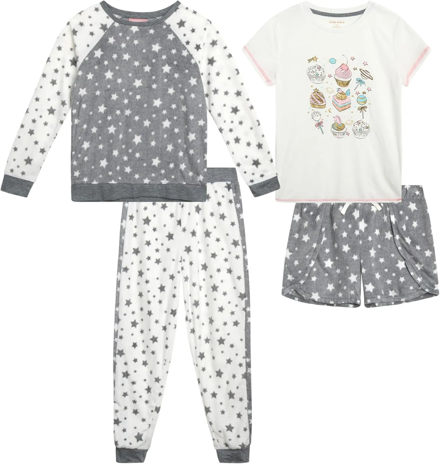 BCBG Girls’ Pajama Set – 4 Piece Fleece Sleep Shirt, T-Shirt, Pajama Pants, and Lounge Shorts – Sleepwear for Girls (XS-L)