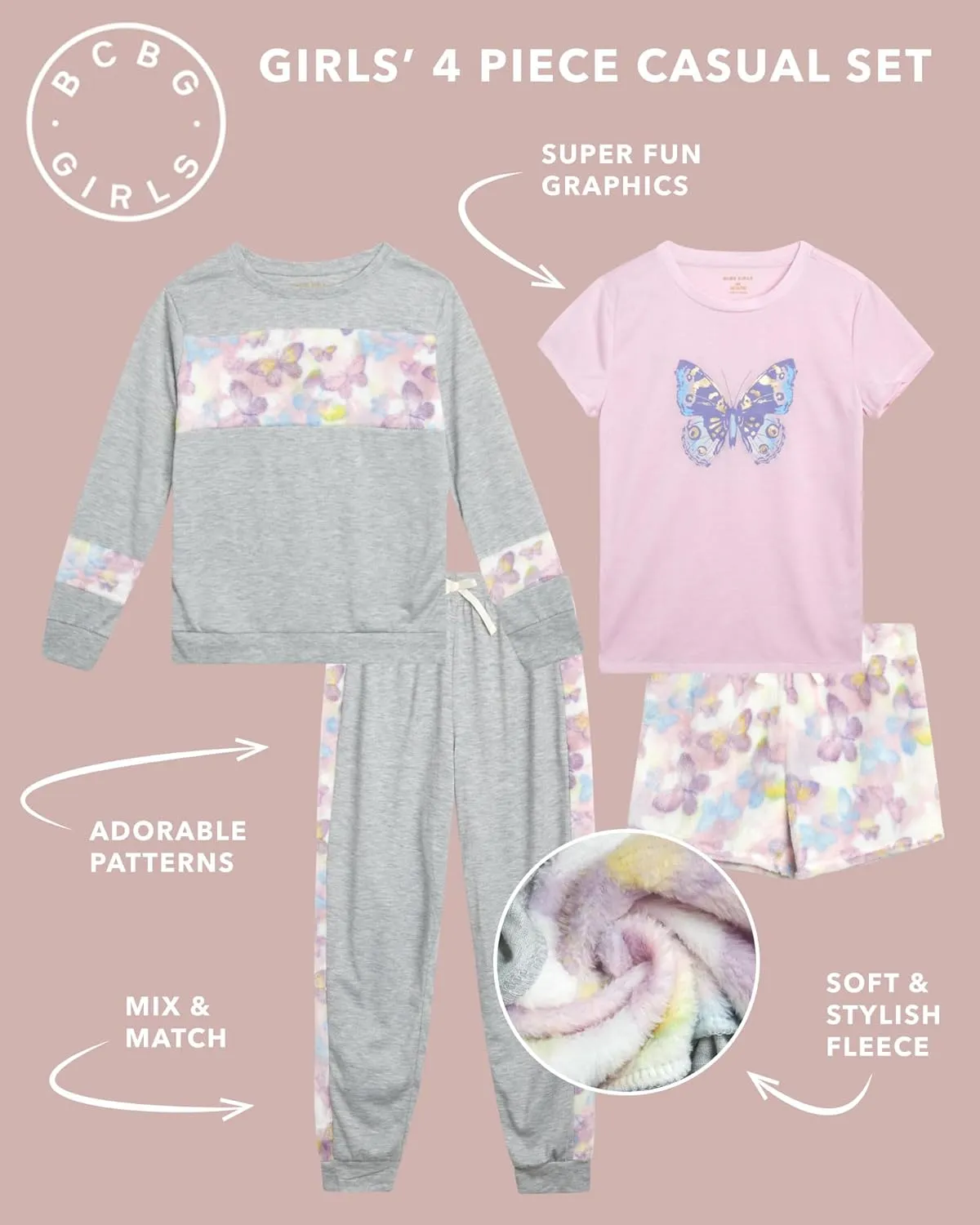 BCBG Girls’ Pajama Set – 4 Piece Fleece Sleep Shirt, T-Shirt, Pajama Pants, and Lounge Shorts – Sleepwear for Girls (XS-L)