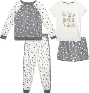 BCBG Girls’ Pajama Set – 4 Piece Fleece Sleep Shirt, T-Shirt, Pajama Pants, and Lounge Shorts – Sleepwear for Girls (XS-L)