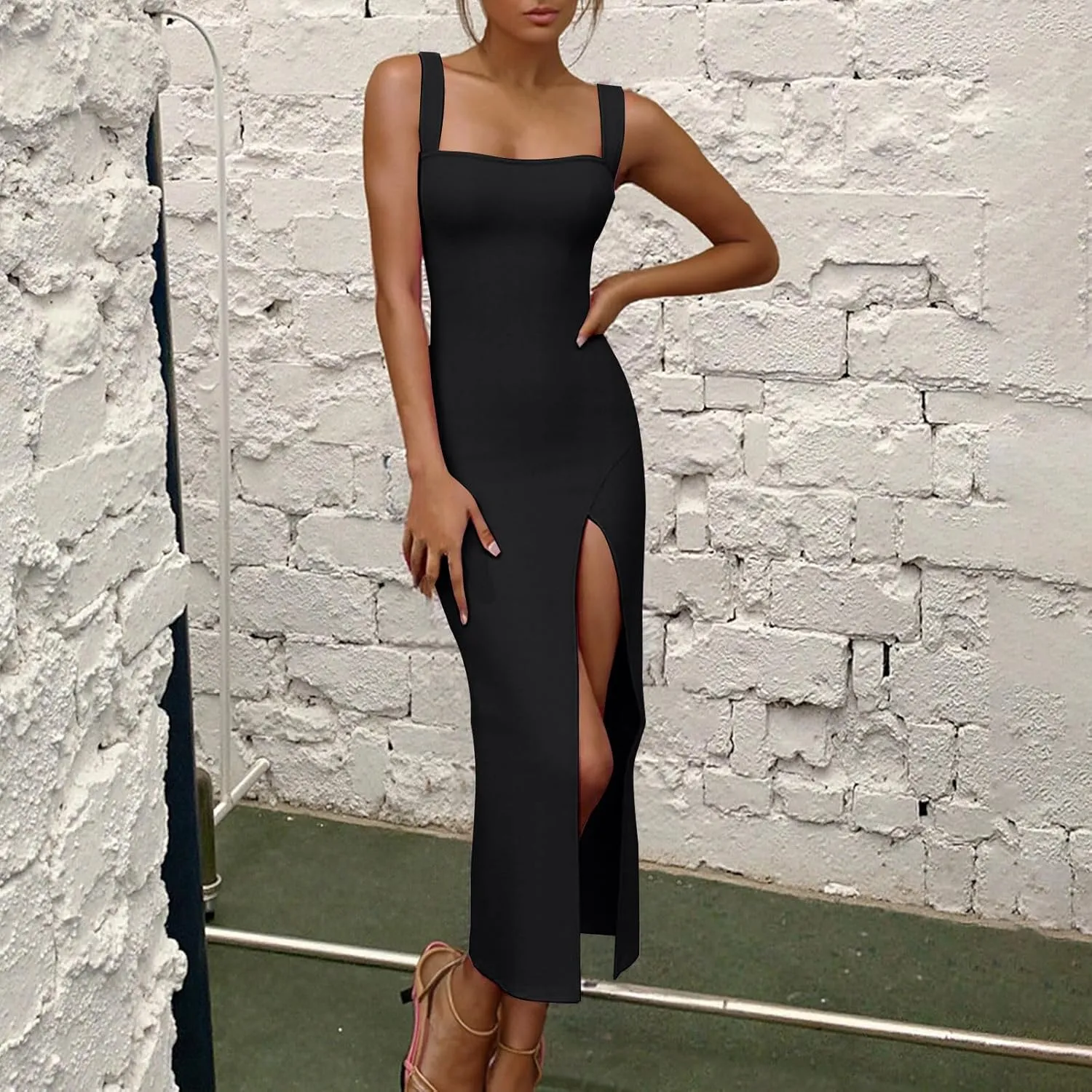 Bodycon Dress for Women Square Neck High Slit Split Sexy Sleeveless Maxi Dress Shift Vestidos Casuales para Mujer