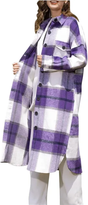 Borniu Women's 2024 Plaid Flannel Shacket Jackets Loose Fit Long Shirts Jacket Boyfriend Oversized Coat Outerwear