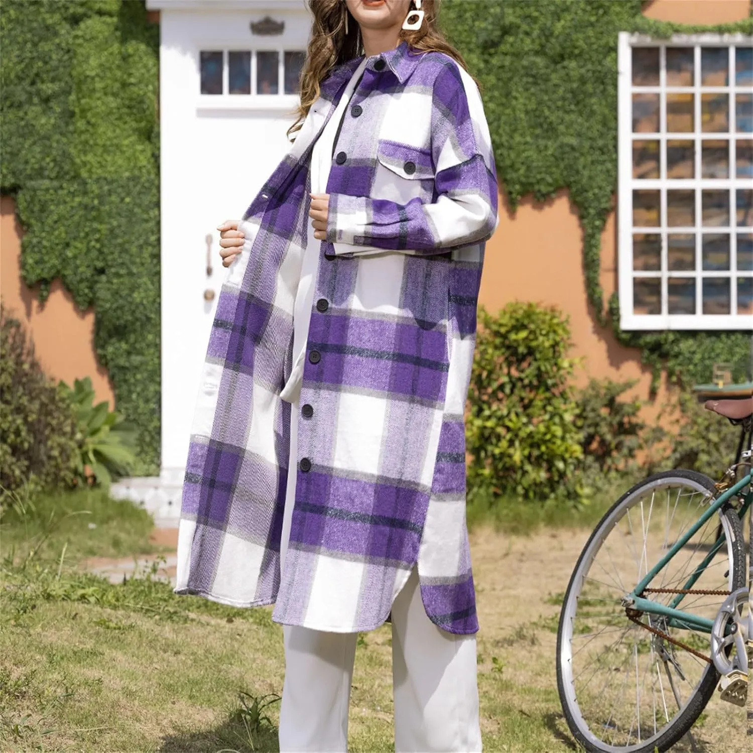 Borniu Women's 2024 Plaid Flannel Shacket Jackets Loose Fit Long Shirts Jacket Boyfriend Oversized Coat Outerwear