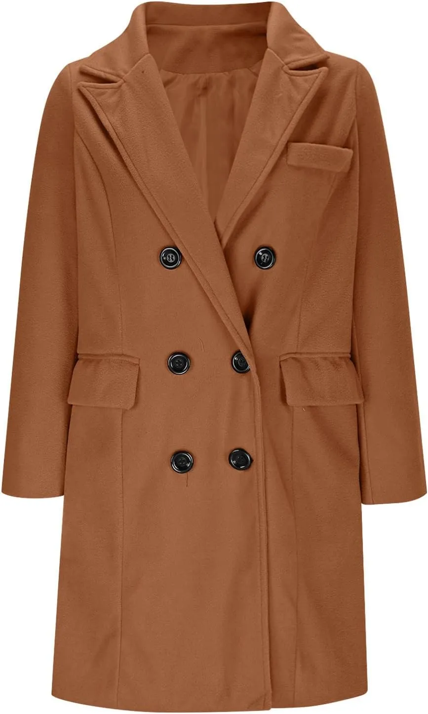 Borniu Women's Winter Wool Blend Coat Casual Notch Lapel Double-Breasted Peacoat Trench Coats Warm Overcoat