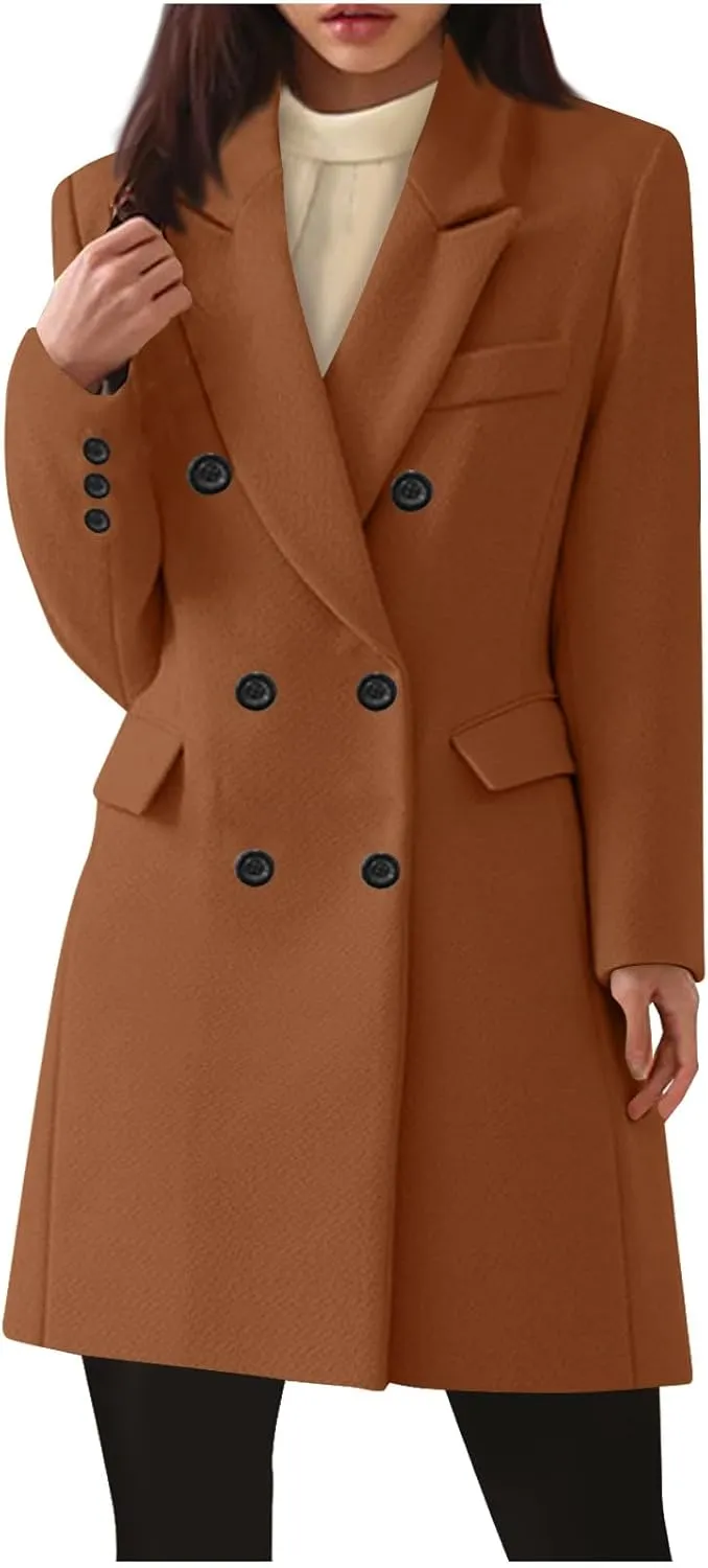 Borniu Women's Winter Wool Blend Coat Casual Notch Lapel Double-Breasted Peacoat Trench Coats Warm Overcoat