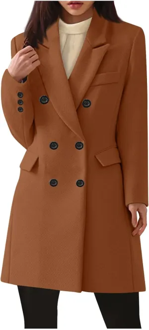 Borniu Women's Winter Wool Blend Coat Casual Notch Lapel Double-Breasted Peacoat Trench Coats Warm Overcoat