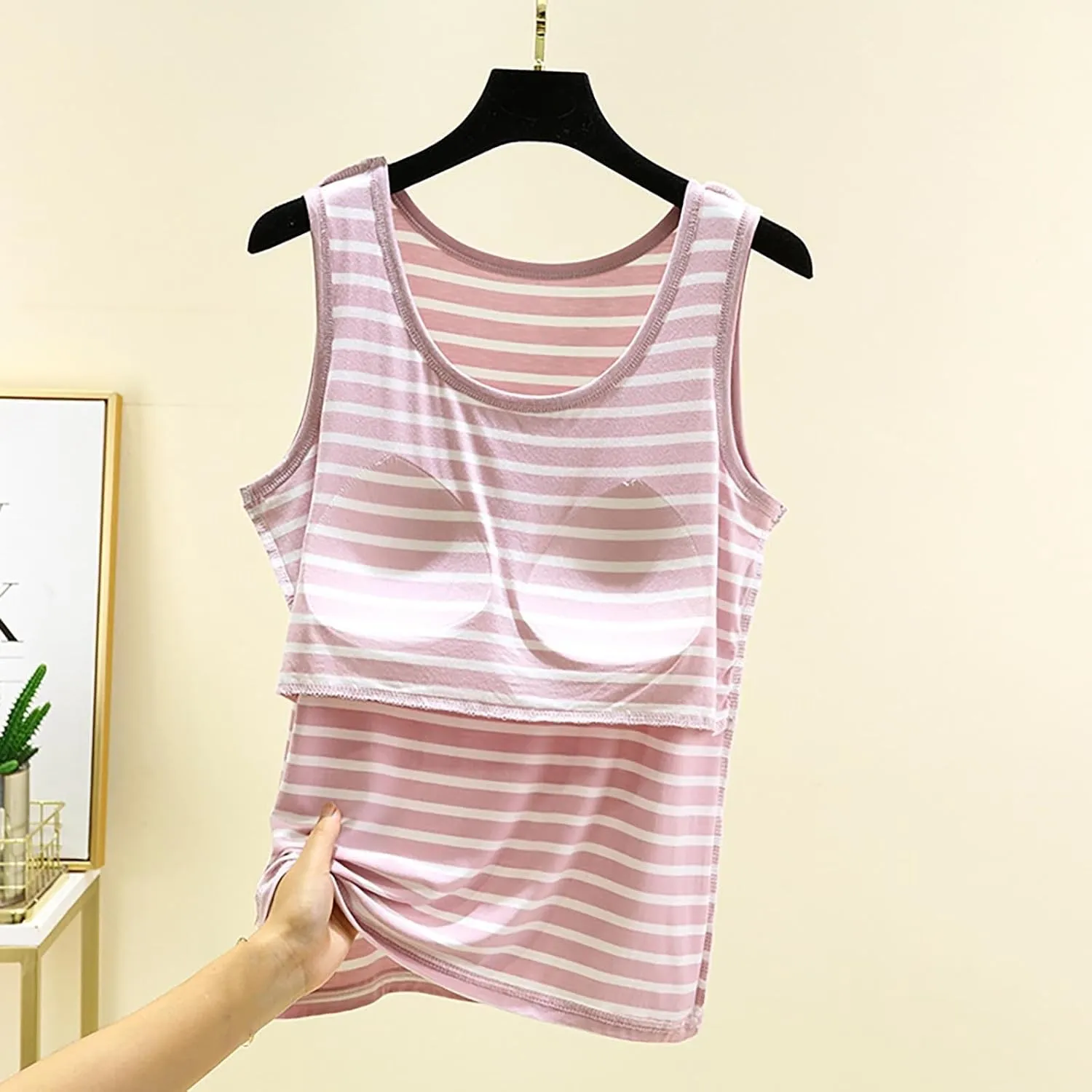 Built in Bra Tank Tops for Women Seamless Workout Tank Top with Built in Bra,Padded Racerback Stripe Athletic Yoga Camisole