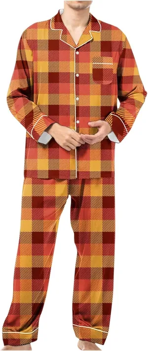 Button Sleepwear Pjs Set for Men Long Sleeve Loose Lightweight Sleepwear Lounge Sets Plaid Pajama Pants Sets