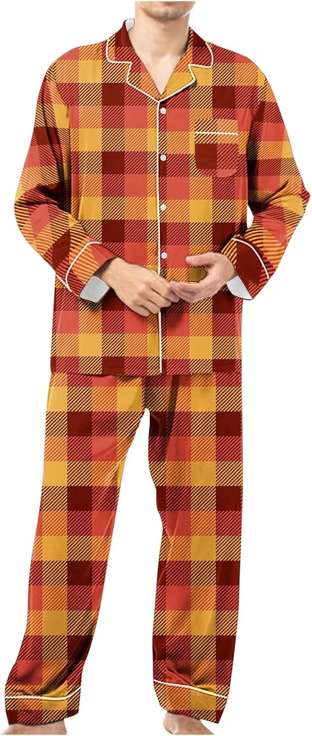 Button Sleepwear Pjs Set for Men Long Sleeve Loose Lightweight Sleepwear Lounge Sets Plaid Pajama Pants Sets