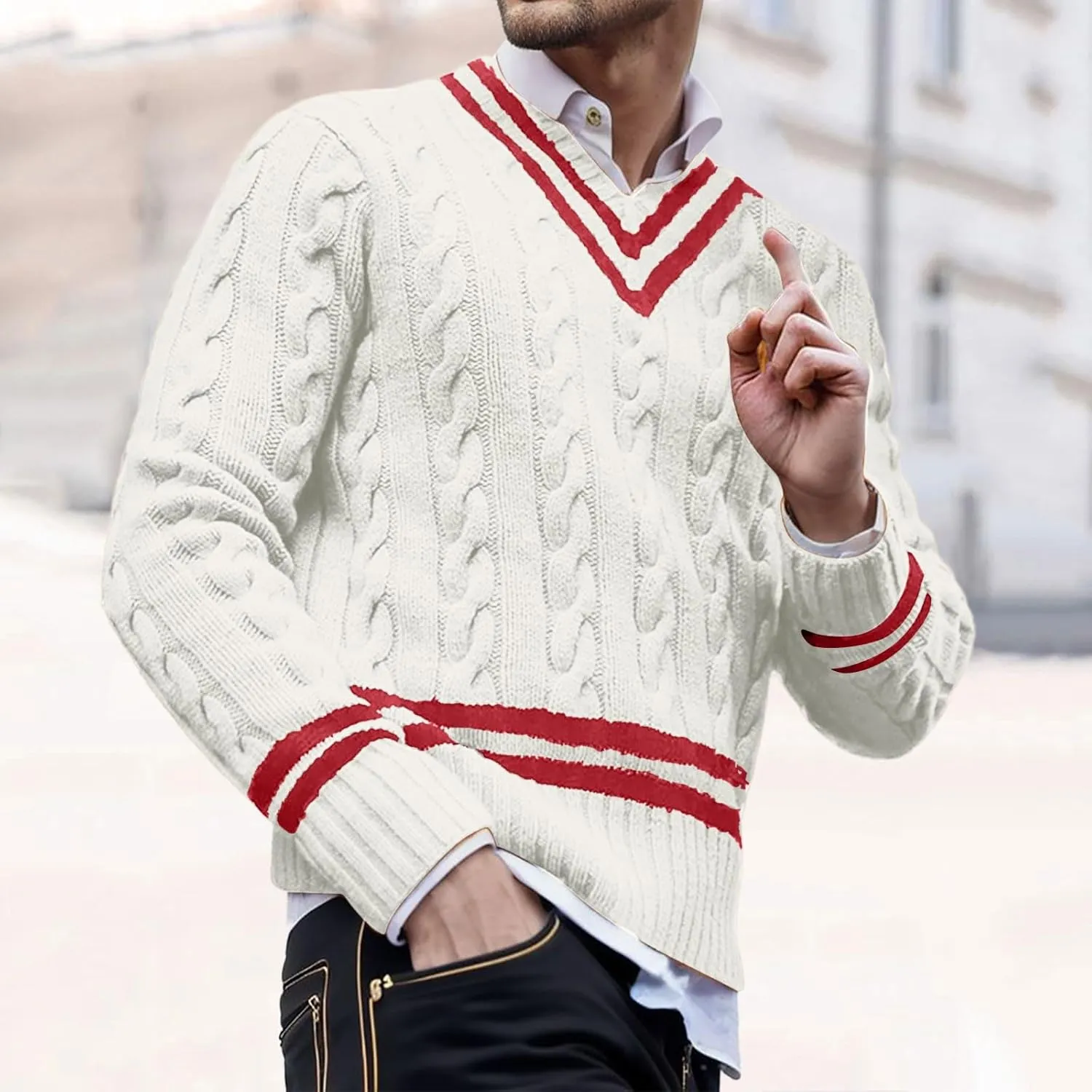 Cable Knit Sweater for Men V Neck Striped Long Sleeve Casual Jumper Tops Comfort Soft Color Block Pullover Sweaters