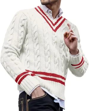 Cable Knit Sweater for Men V Neck Striped Long Sleeve Casual Jumper Tops Comfort Soft Color Block Pullover Sweaters