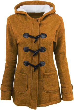 Canbebig Women Winter Coats Fleece Jacket Hooded Horn Buckle Sherpa Lined Outerwear Warm Long Sleeve Thicken Coat with Pocket