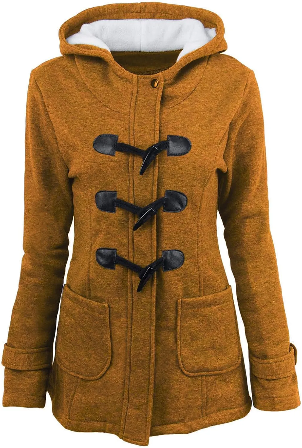 Canbebig Women Winter Coats Fleece Jacket Hooded Horn Buckle Sherpa Lined Outerwear Warm Long Sleeve Thicken Coat with Pocket