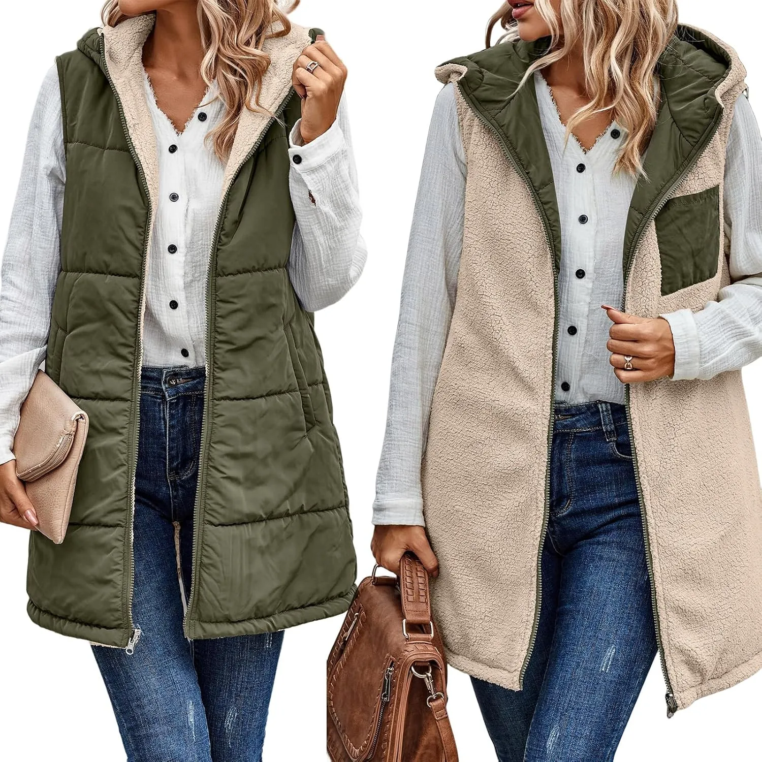 Canbebig Women's Reversible Vest 2023 Fall Sleeveless Puffer Fleece Jacket Zip Up Hoodie Mid Long Warm Winter Coat Outerwear