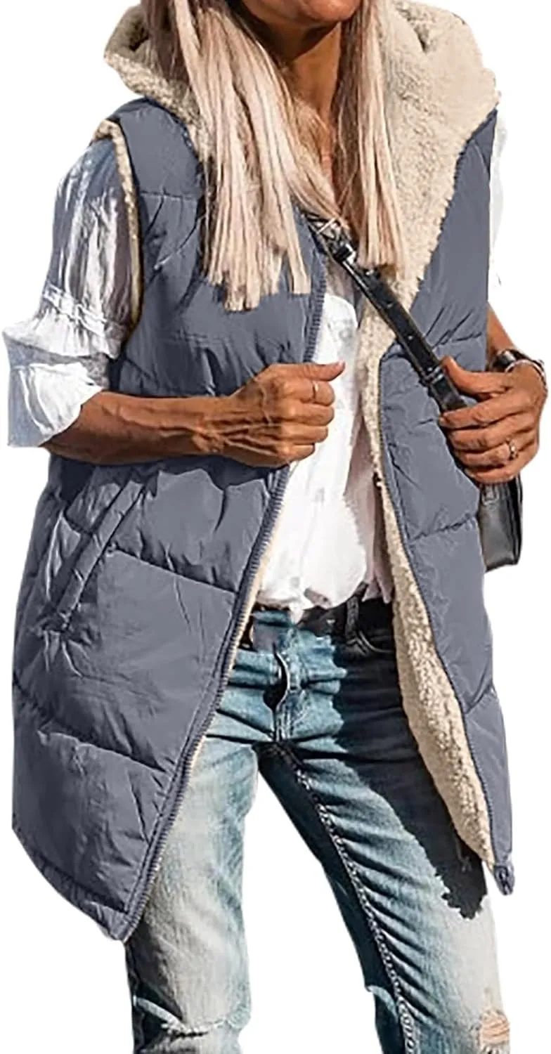 Canbebig Women's Reversible Vest 2023 Fall Sleeveless Puffer Fleece Jacket Zip Up Hoodie Mid Long Warm Winter Coat Outerwear