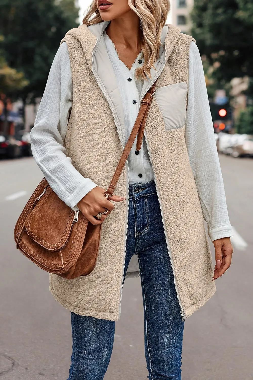 Canbebig Women's Reversible Vest 2023 Fall Sleeveless Puffer Fleece Jacket Zip Up Hoodie Mid Long Warm Winter Coat Outerwear