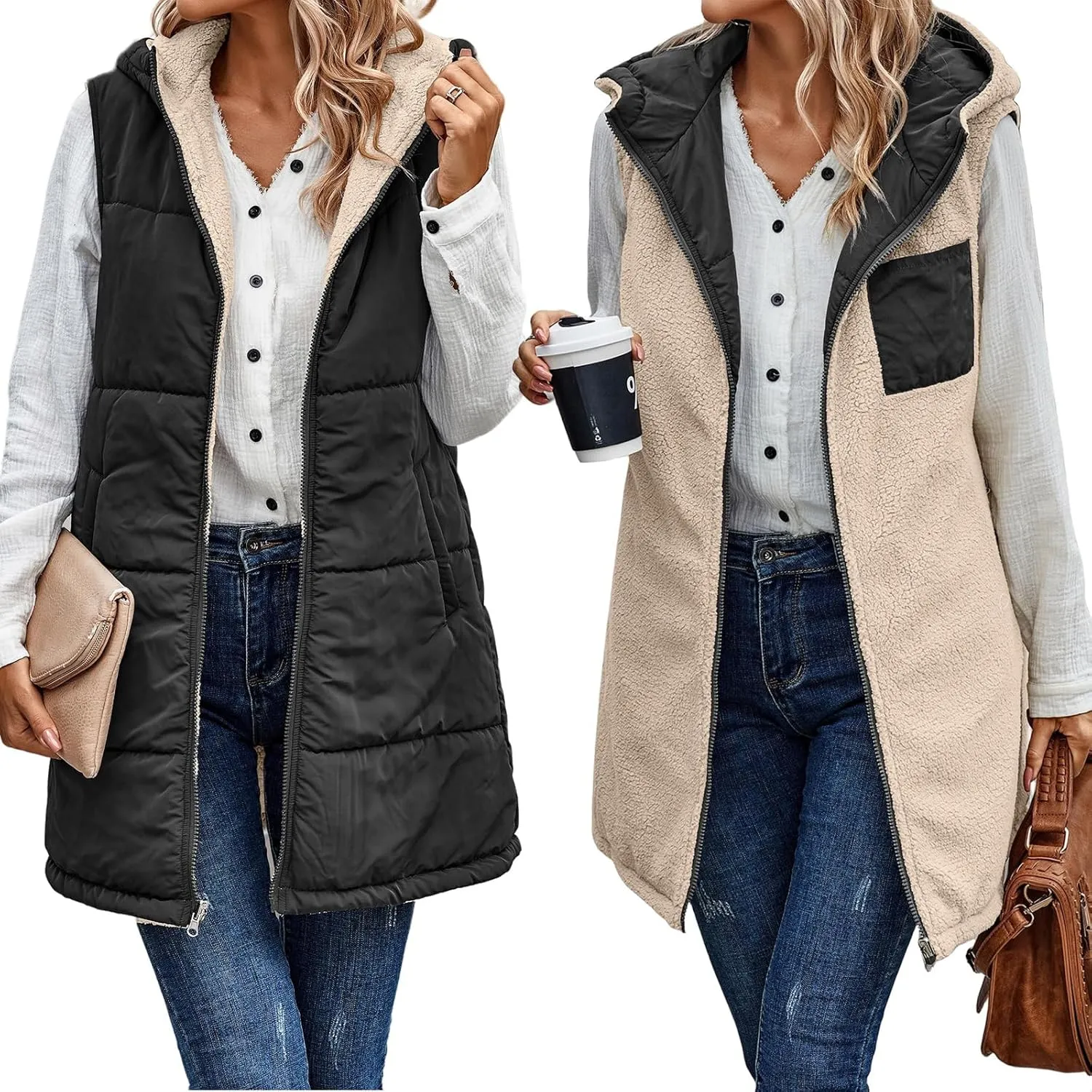 Canbebig Women's Reversible Vest 2023 Fall Sleeveless Puffer Fleece Jacket Zip Up Hoodie Mid Long Warm Winter Coat Outerwear