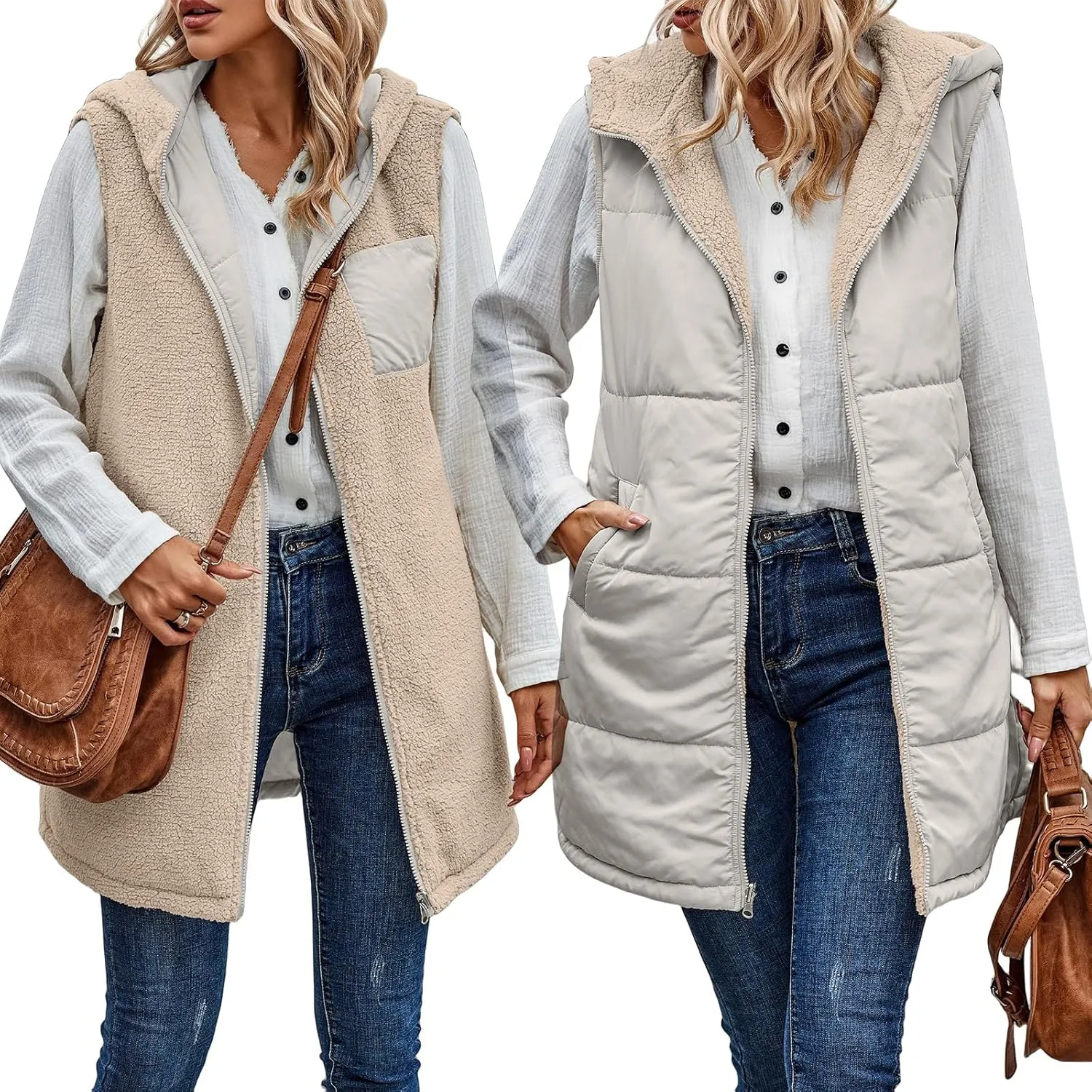 Canbebig Women's Reversible Vest 2023 Fall Sleeveless Puffer Fleece Jacket Zip Up Hoodie Mid Long Warm Winter Coat Outerwear