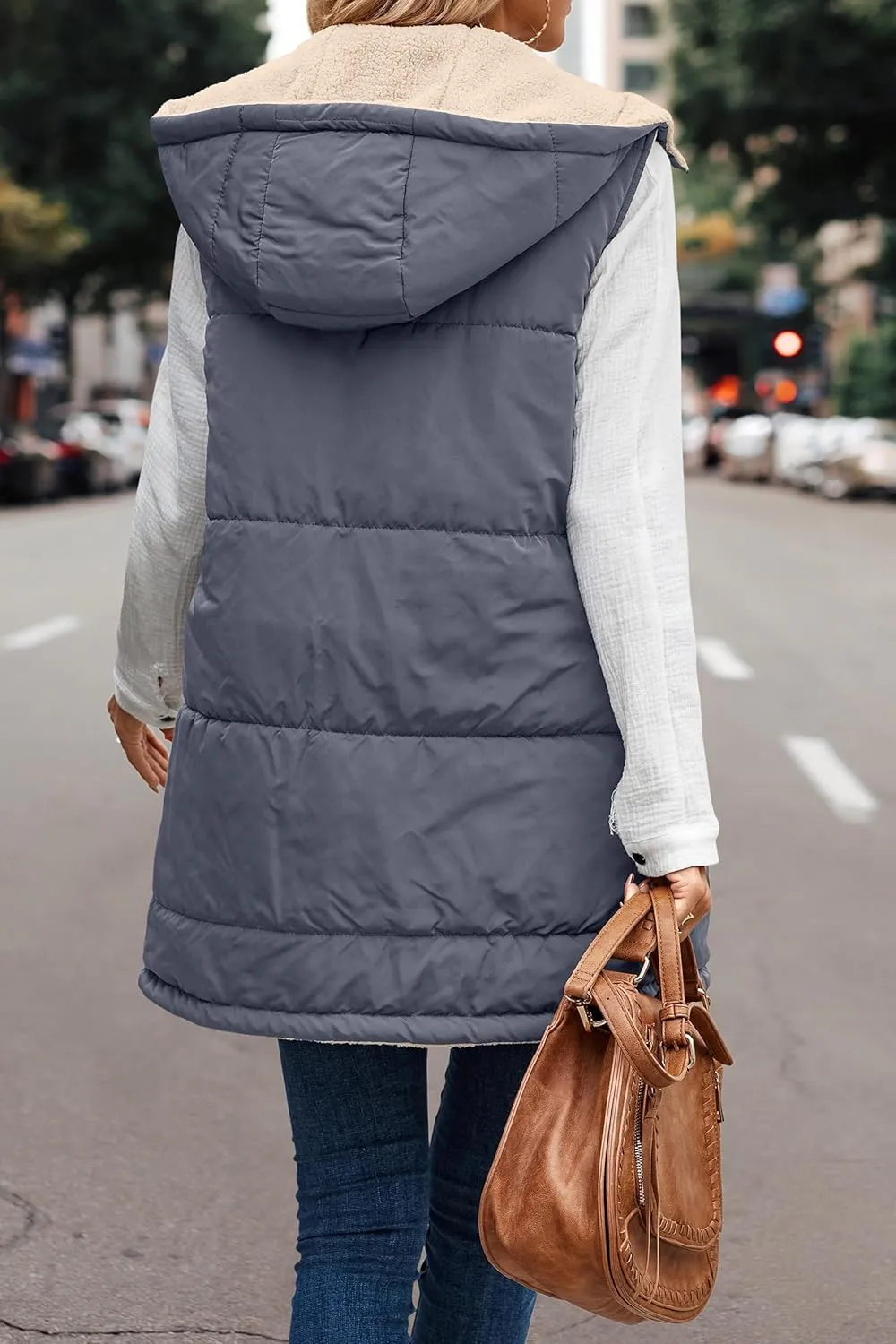 Canbebig Women's Reversible Vest 2023 Fall Sleeveless Puffer Fleece Jacket Zip Up Hoodie Mid Long Warm Winter Coat Outerwear