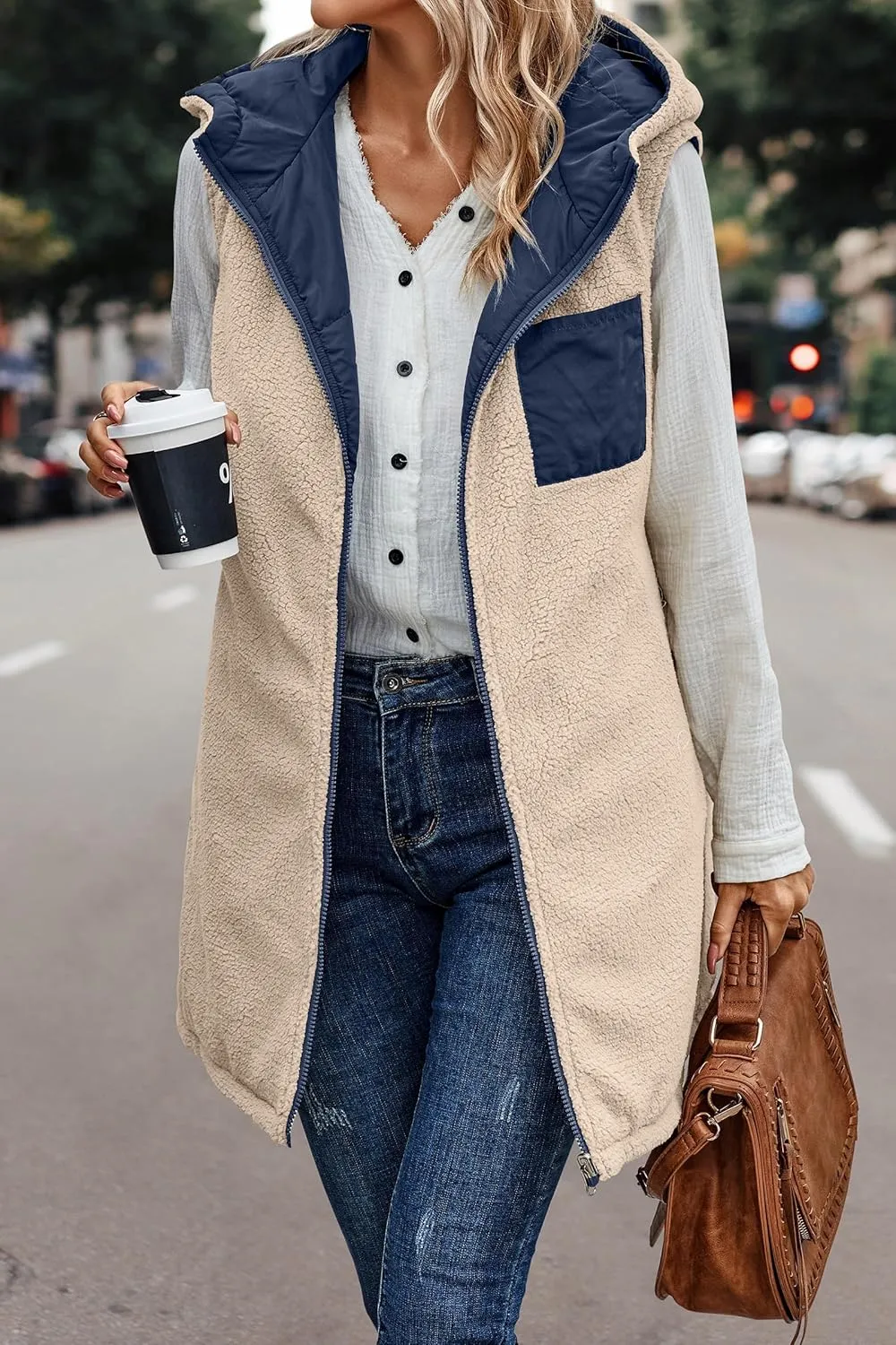 Canbebig Women's Reversible Vest 2023 Fall Sleeveless Puffer Fleece Jacket Zip Up Hoodie Mid Long Warm Winter Coat Outerwear