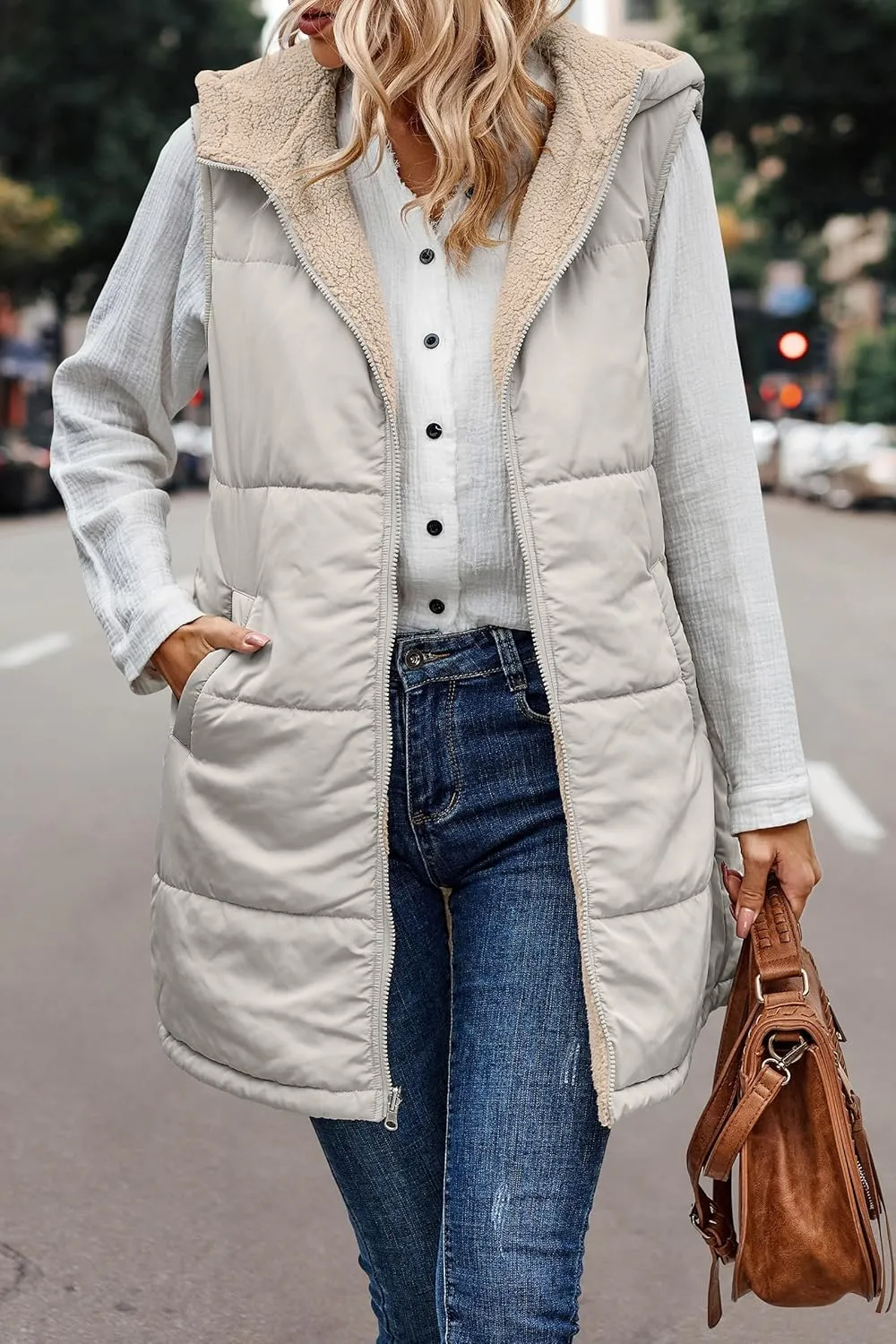 Canbebig Women's Reversible Vest 2023 Fall Sleeveless Puffer Fleece Jacket Zip Up Hoodie Mid Long Warm Winter Coat Outerwear